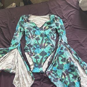 Colorful Mushroom Print Rave Bodysuit with Long Sleeves